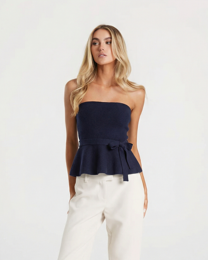 Adeline | Strapless Belted Peplum Jersey Top