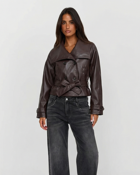 Nola | Cropped Leather Jacket Brown Double Breasted Belted
