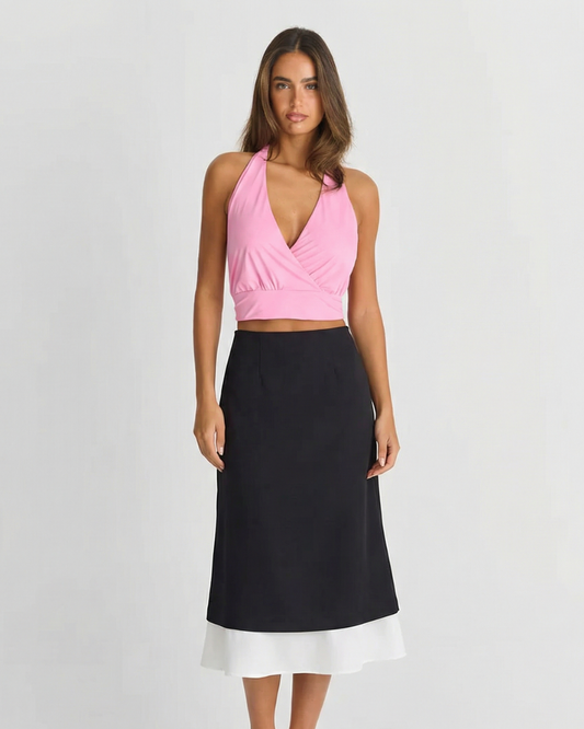 Cora | Elegant Midi Skirt Black Contrast Hem A Line Satin
