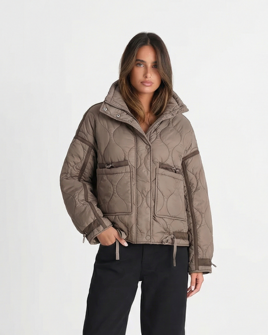 Celine | Quilted Puffer Jacket Beige Hooded Short Padded