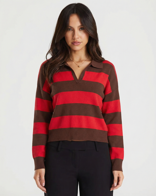 Lily | Red Cosy Striped Knit Long Sleeve Polo Jumper
