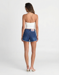 Ruby | Embroidered Patch Distressed Denim Shorts with Frayed Hem