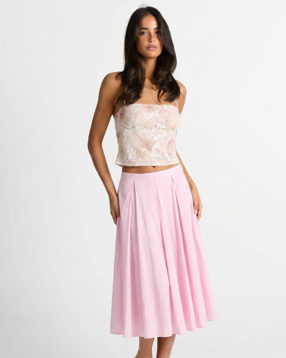 Hattie | Deep Pleat Cotton A-Line Midi Skirt
