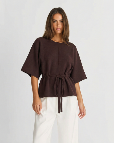 Suki | Elegant Belted Blouse Brown Linen Short Sleeve Tie Waist