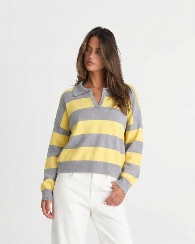 Amber | Striped Polo Knit Top in Red & Yellow