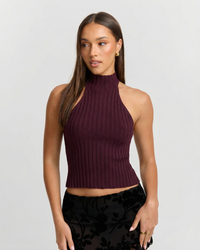 Cleo | Ribbed Knit Mock Halter Neck Crop Top