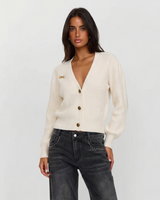 Grace | V-Neck Button-Front Puffed Shoulder Ribbed Knit Cropped Cardigan