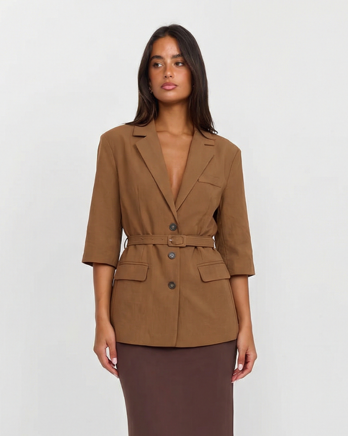 Thea | Belted Oversized Blazer Brown Three Quarter Sleeve