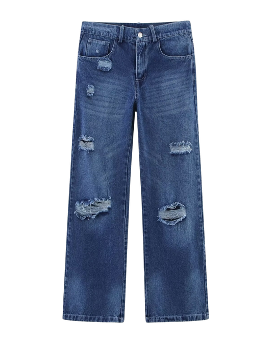 Alma | High Waisted Straight Leg Jeans Ripped Dark Blue Distressed