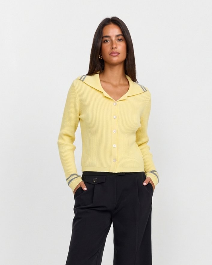 Edie | Spring Casual Knitted Top Yellow Long Sleeve Cardigan Striped Collar