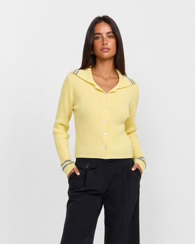 Edie | Spring Casual Knitted Top Yellow Long Sleeve Cardigan Striped Collar