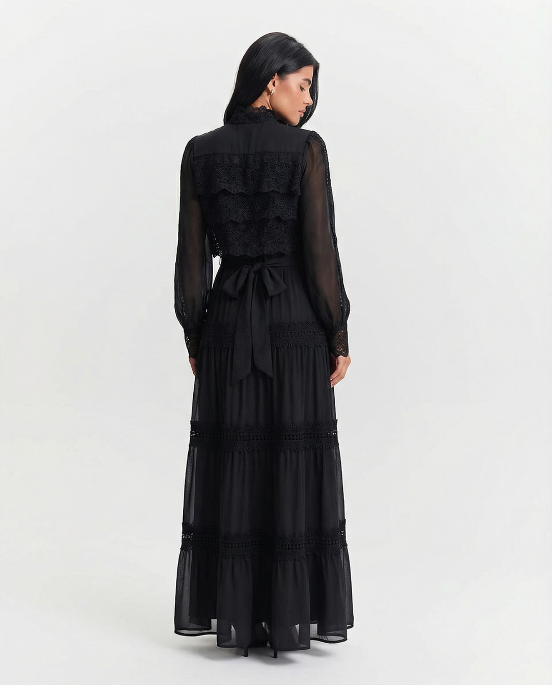 Cara | Lace Panel Tiered Chiffon Maxi Dress