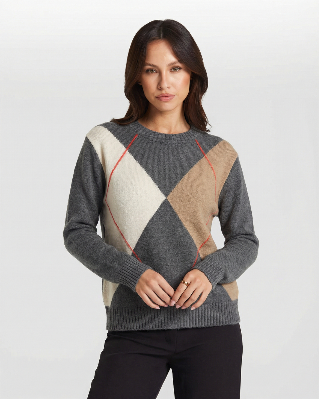Camille | Argyle Knitted Sweater Grey Cream Beige