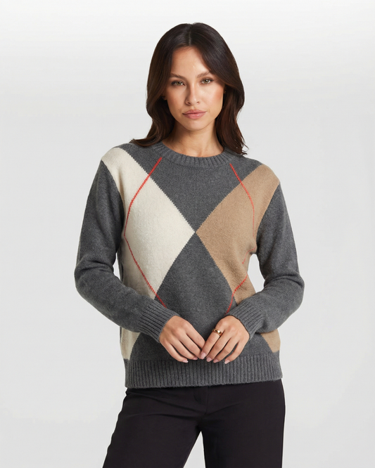 Camille | Argyle Knitted Sweater Grey Cream Beige