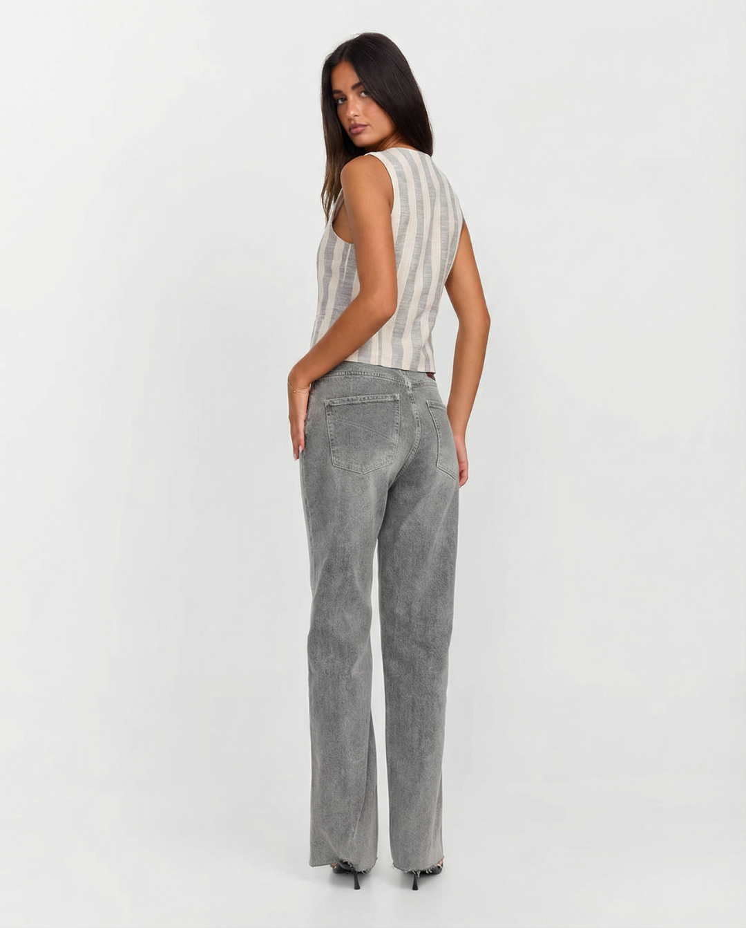 Gia | Striped Linen Waistcoat Beige Grey Button Front V Neck Sleeveless