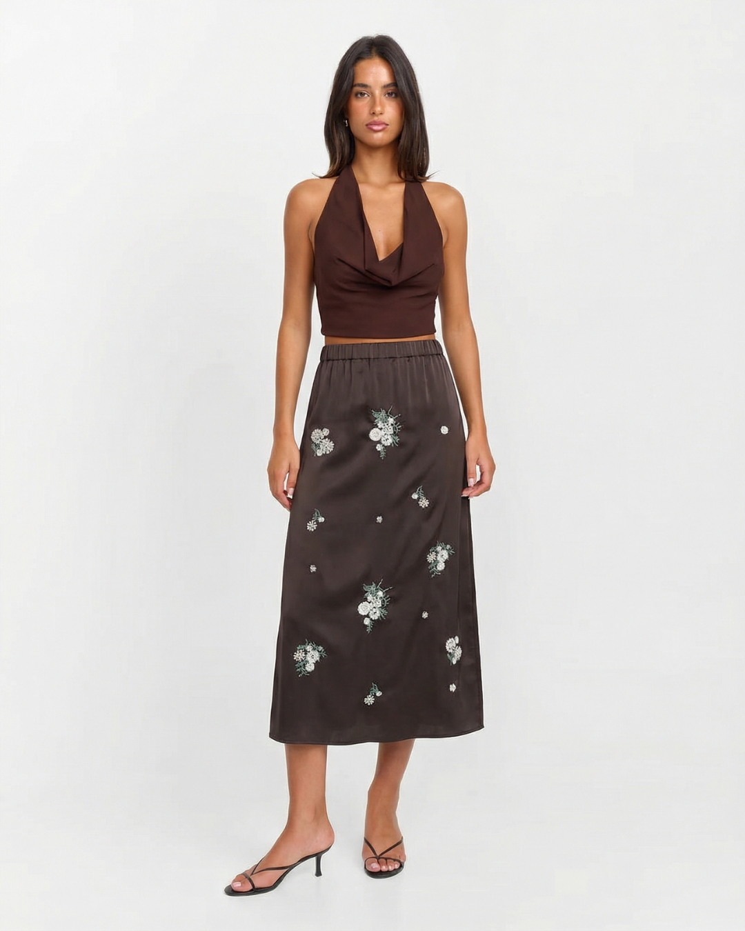 Matilda | Floral Embroidered Satin Midi Skirt