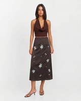 Matilda | Floral Embroidered Satin Midi Skirt