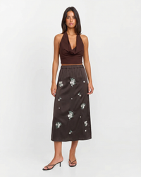 Matilda | Floral Embroidered Satin Midi Skirt