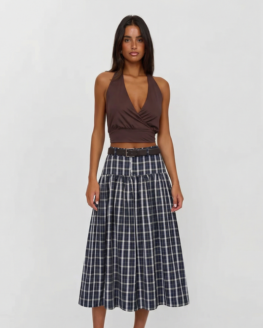 Willa | Midi Skirt Navy Check Pleated Belted Tiered A Line