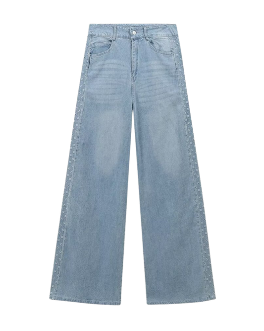 Iris | Wide Leg Jeans Light Blue High Waisted Studded