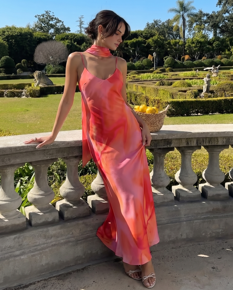 Victoria | Abstract Print V-Neck Spaghetti Strap Chiffon Maxi Slip Dress