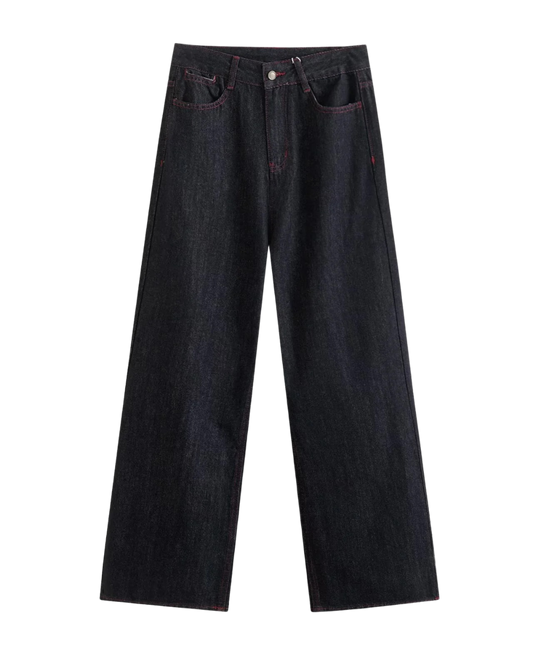 Aria | Wide Leg Jeans Black High Waisted Contrast Stitch