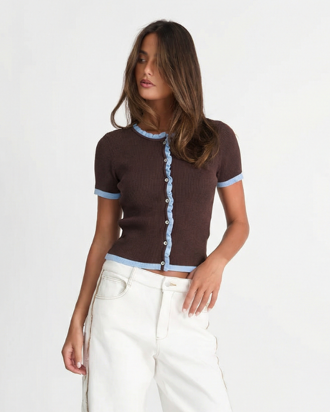 Mabel | Contrast Trim Ruffle Placket Ribbed Knit Top