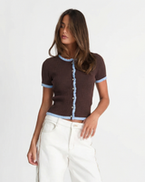 Mabel | Contrast Trim Ruffle Placket Ribbed Knit Top