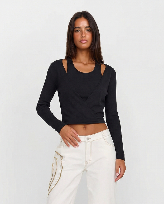 Imogen | Wrap Front Shoulder Cut-Out Long Sleeve Cropped Top