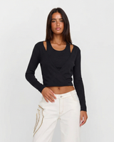 Imogen | Wrap Front Shoulder Cut-Out Long Sleeve Cropped Top