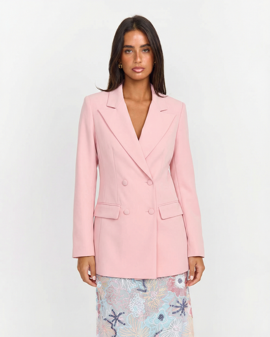 Vera | Double Breasted Blazer Pink Long Sleeve V Neck