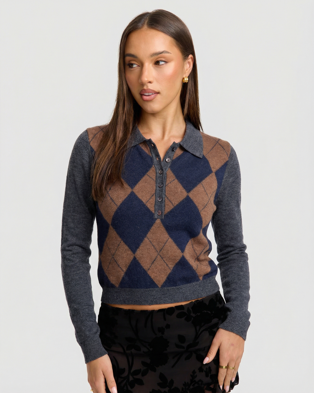 Aria | Argyle Cropped Knit Polo Top