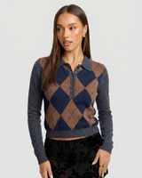 Aria | Argyle Cropped Knit Polo Top