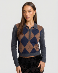 Aria | Argyle Cropped Knit Polo Top
