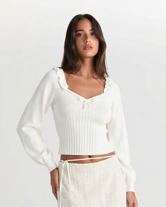 Liv | Knitted Top Cream Ruffle Neck Long Sleeve