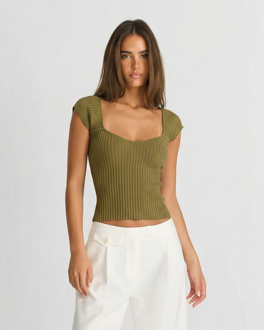 Lyra | Summer Square Neck Knitted Top Green Ribbed Short Sleeve