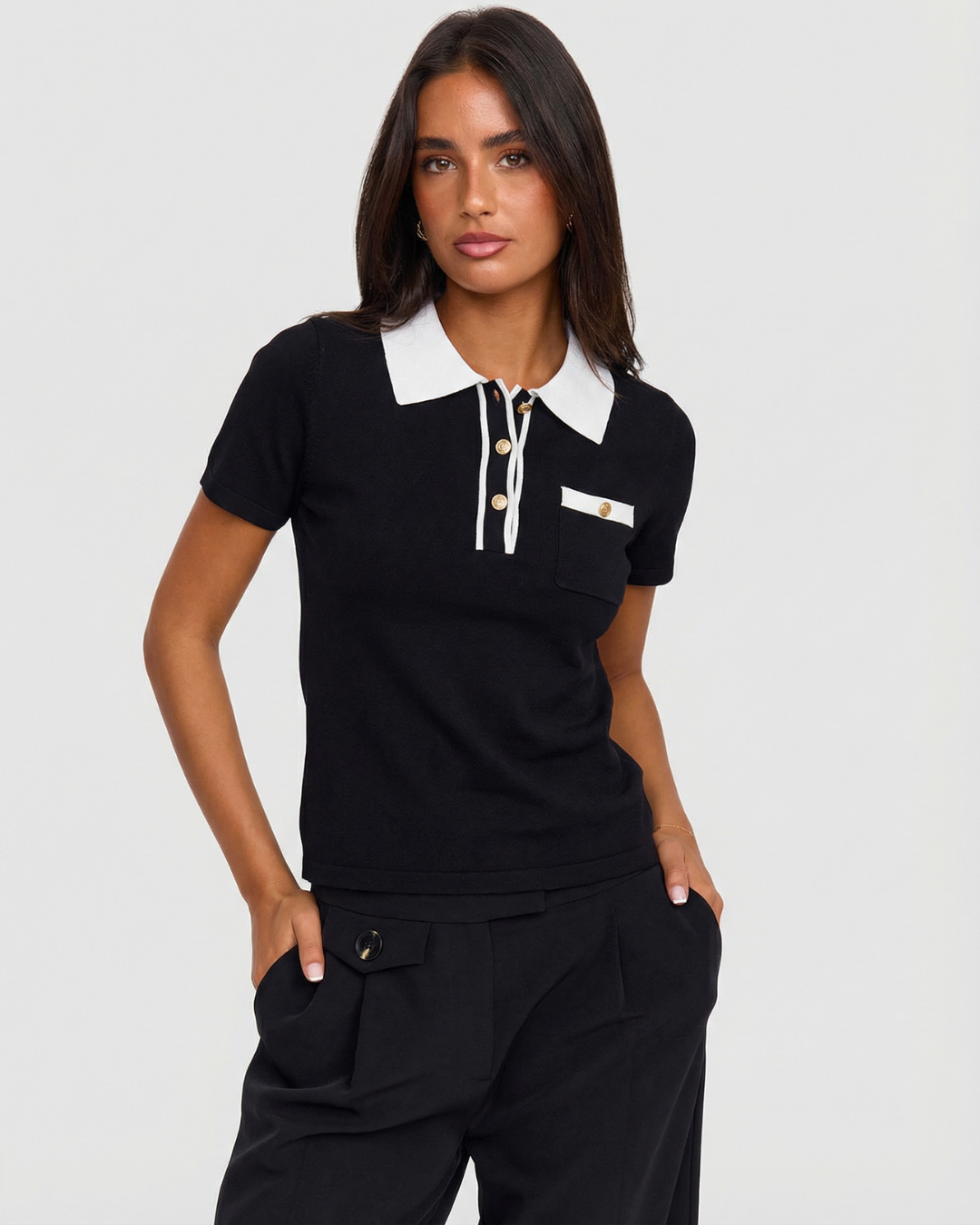 Sienna | Contrast Collar Gold Button Knit Polo Top