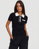 Sienna | Contrast Collar Gold Button Knit Polo Top