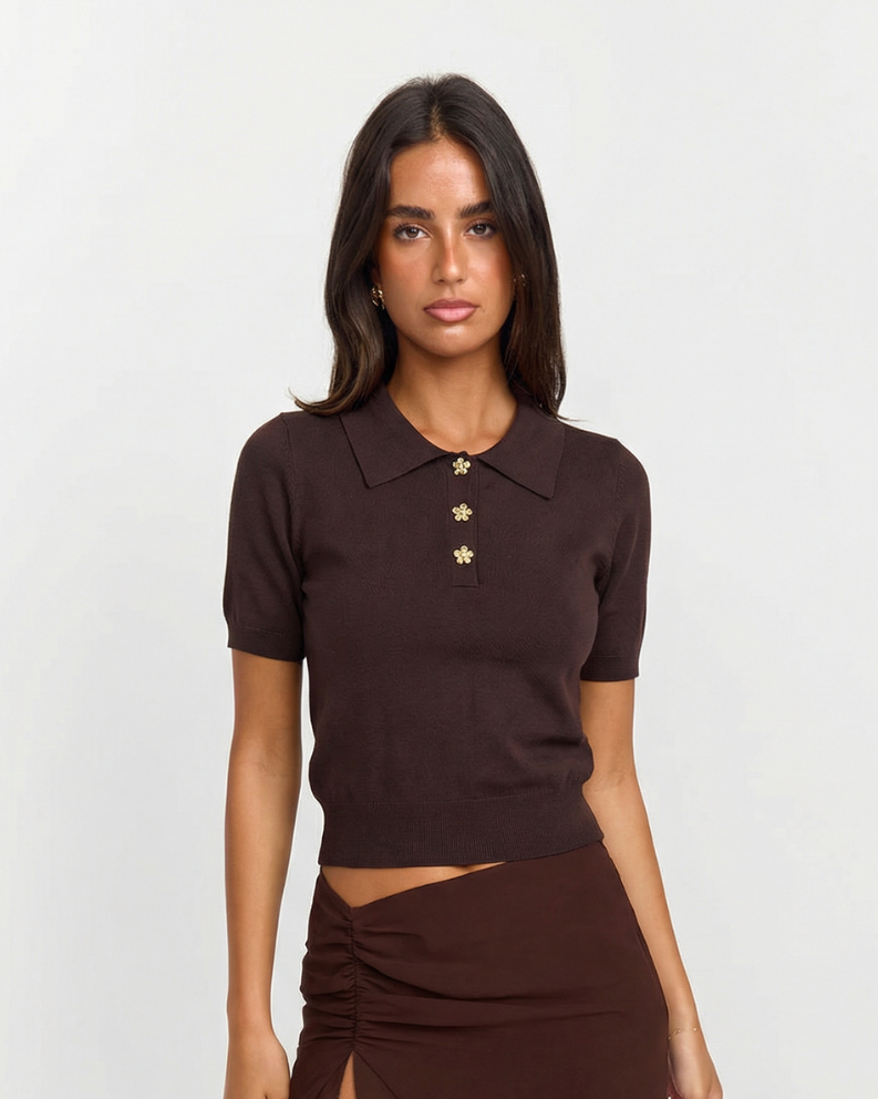 Chloe | Brown Delicate Knit Short Sleeve Polo with Flower Buttons