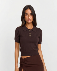 Mila | Flower Button Cropped Knit Polo Top
