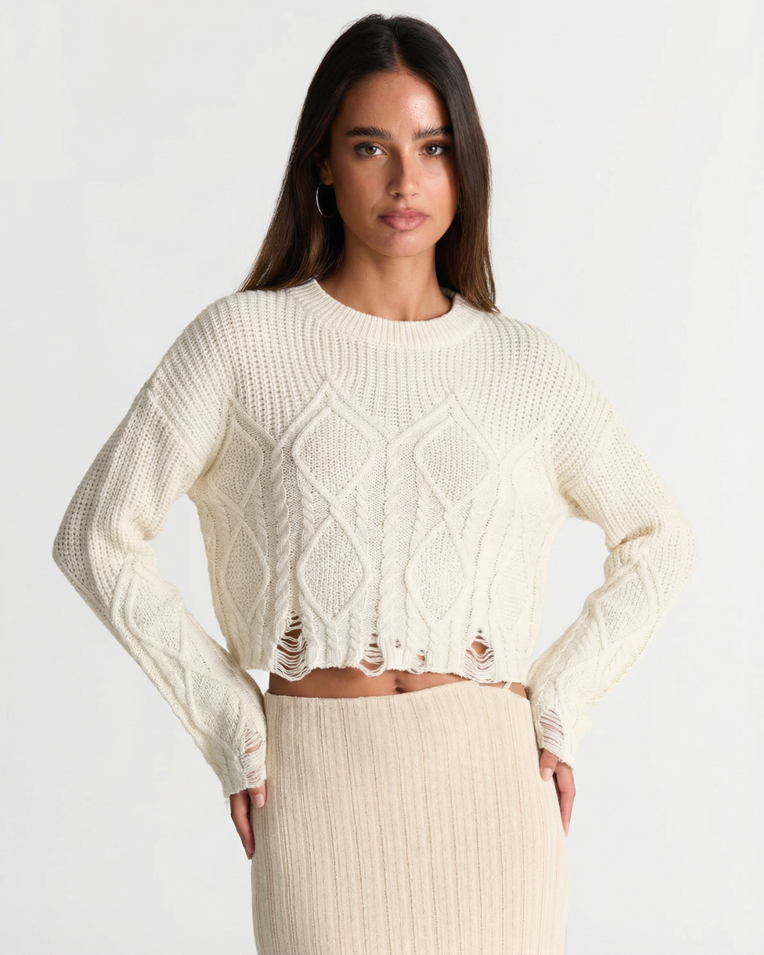 Mira | Casual Distressed Cable Knit Sweater Cream Long Sleeve