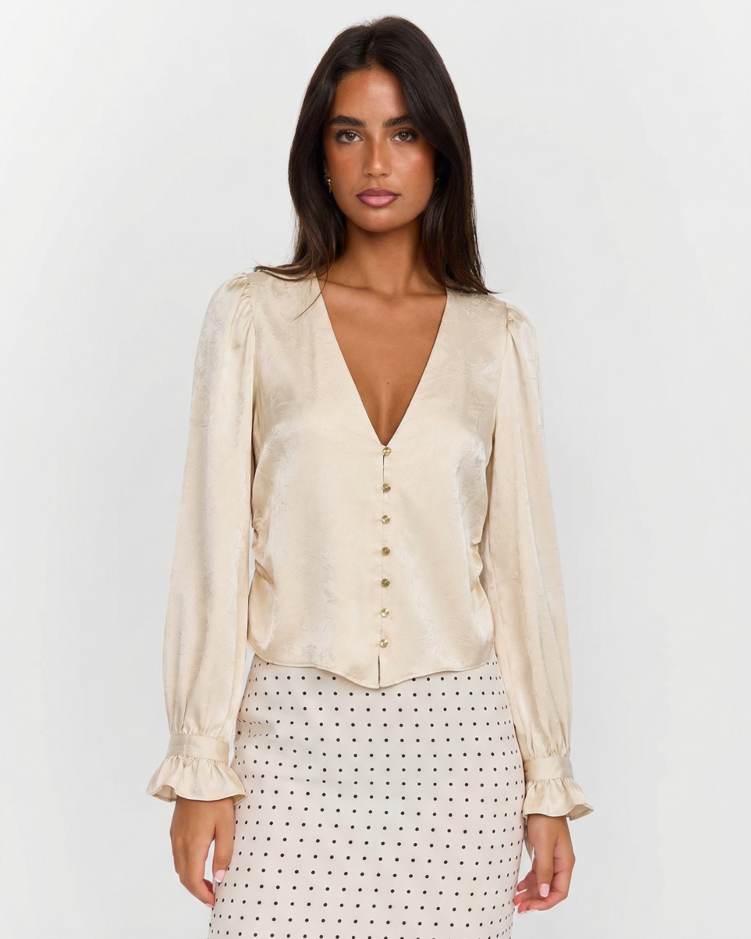 Alyssa | Puff Shoulder V-Neck Satin Blouse