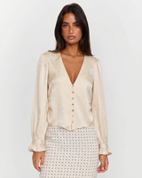 Alyssa | Puff Shoulder V-Neck Satin Blouse