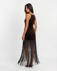 Darcy | Velvet Fringe Halter Neck Maxi Dress
