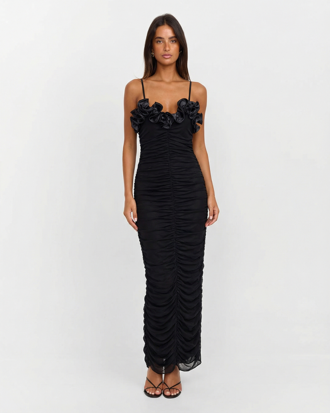 Natalia | Ruffled Bust Spaghetti Strap Full-Body Ruching Bodycon Maxi Dress