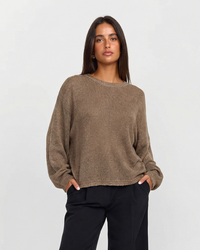 Emily | Crew Neck Ribbed Trim Long Sleeve Cropped Lightweight Knit Top