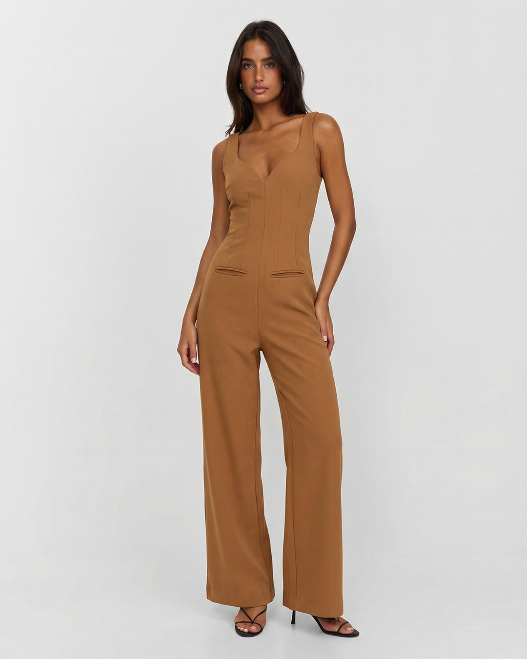 Luisa | Tailored Jumpsuit Brown Wide Leg V Neck