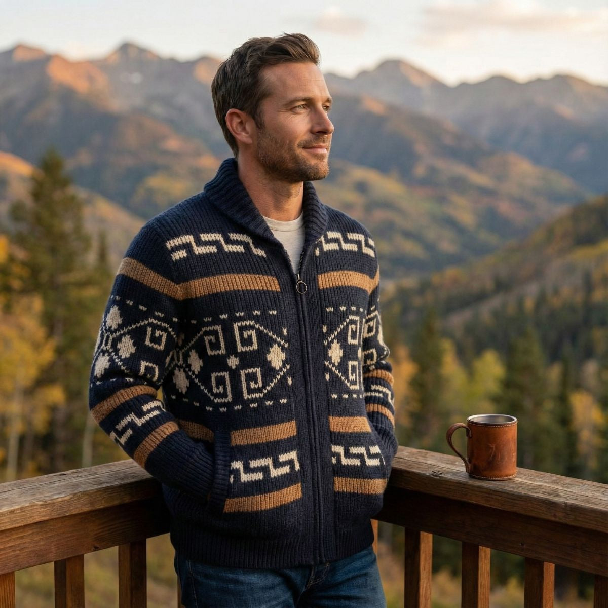 Marlon | Button Up Jacquard Knit Shawl Collar Cardigan