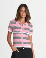 Zara | Striped Polo Knit Crop Top in Blue & Pink