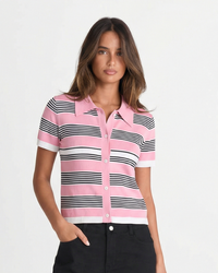 Zara | Striped Polo Knit Crop Top in Blue & Pink